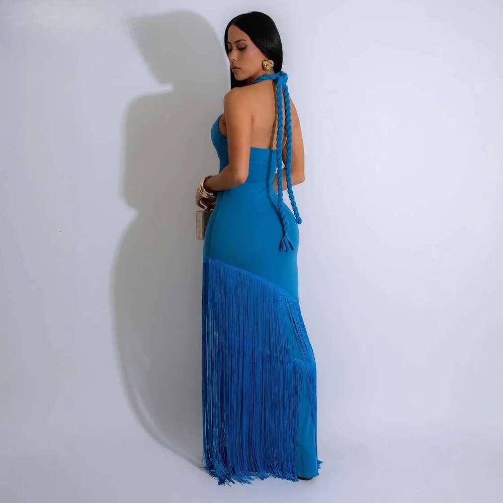 Women Halter Off Shoulder Tassel Sleeveless Long Dress Summer Street Beach Evening Sexy Night Party Dresses Vestidos