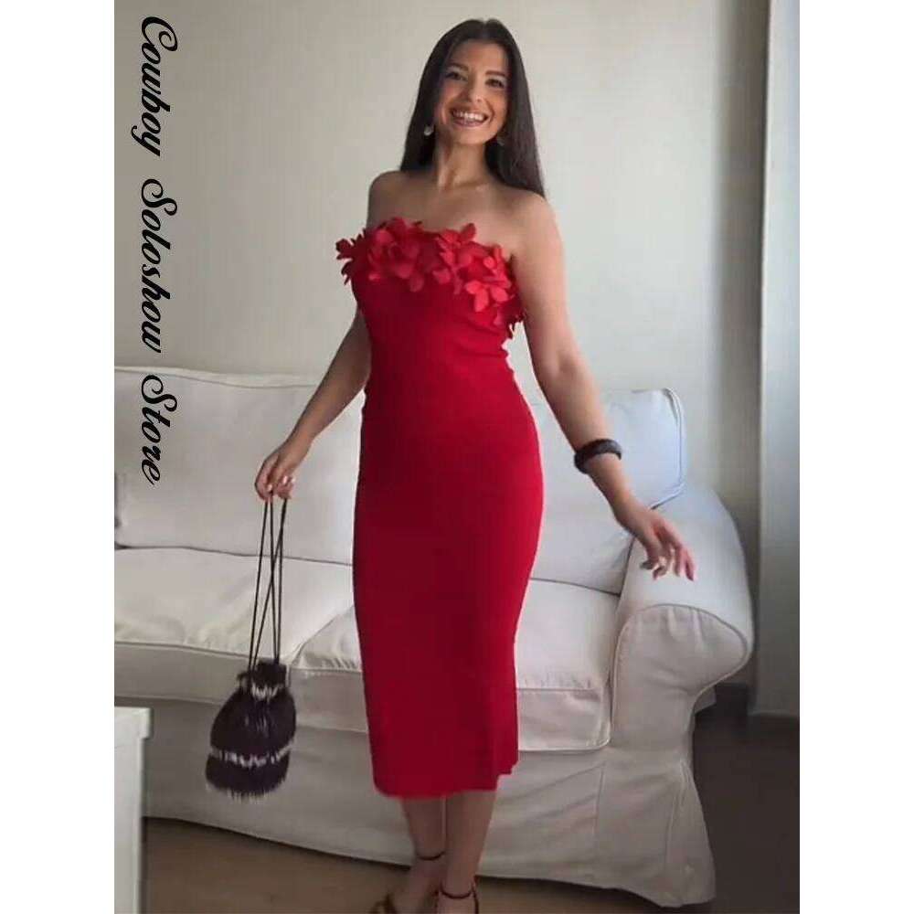 Sexy 3d Flower Mini Dress Women Chic Sling Slim Red Deep V-neck Backless Sleeveless Dresses 2025 Summer Party Evening Lady Robe