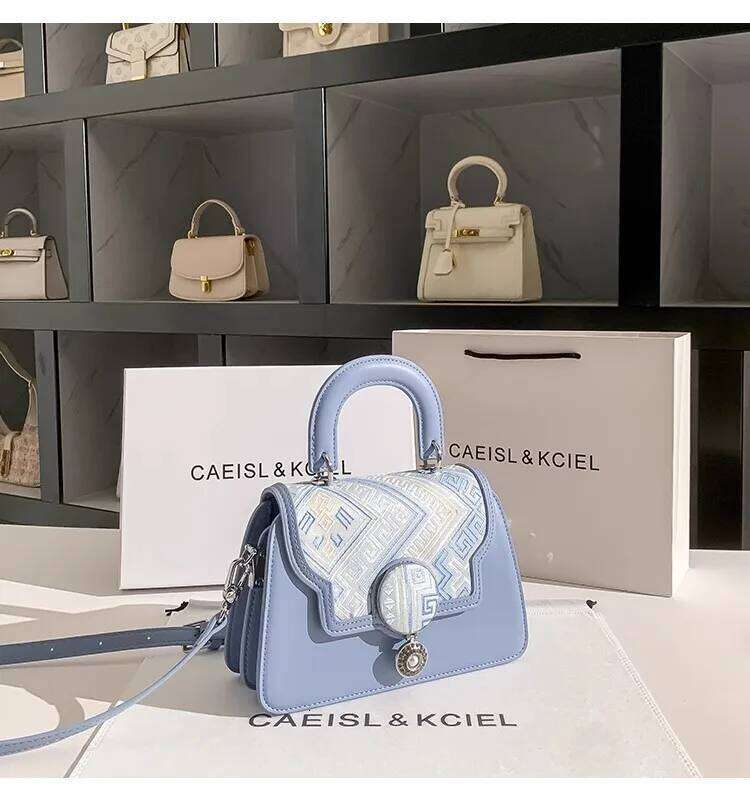 Blue Color Fashion Embroidery Square High Quality Textured Leather Clutch Purse Women Handbag Shoulder Crossbody Bag