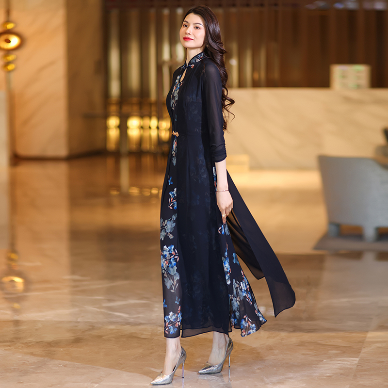 Charming Asian-Inspired Femininity: Lightweight Flowy Chiffon Maxi Skirt Ensemble w/ Classic Embroidery Details