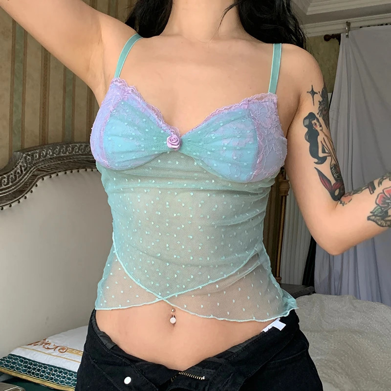 Darlingaga Y2K Frill Lace Trim Strap Mesh Top Camisole Retro Fashion Sexy Summer Crop Tops Female See Through Aesthetic Clothes 250523