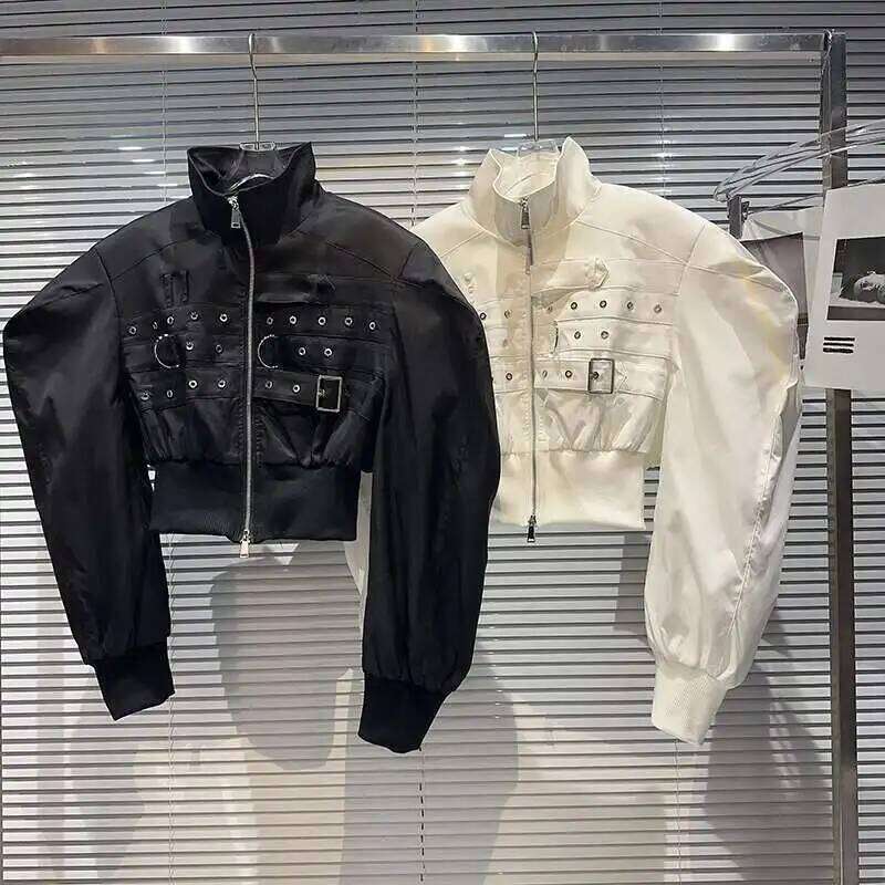 DEAT 2024 Autumn New Items Fashion Women's Strap Design Cargo Jacket High Street Shoulder Pad Stand Collar Short Coat 11A01002