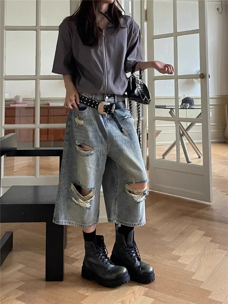 HOUZHOU Vintage Blue Ripped Short Jean Oversized Distressed Jorts Y2k Grunge Baggy Boyfriend Denim Shorts Wide Streetwear 250516Z