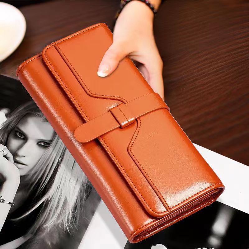 Free Shipping Designer Wallet High-quality New Women's Handbag Long Fashion Oil Wax Leather, Three Fold Draw With Key Mobile Phone Bag Solid Colo