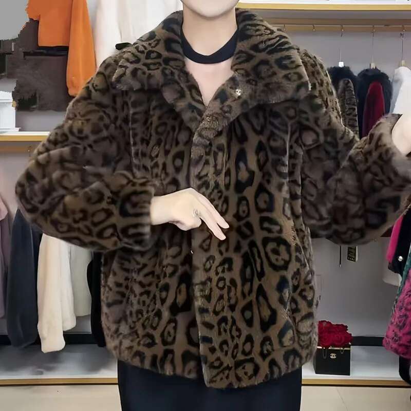 Faux Mink Fur Coat for Women, Single Breasted Jacket,Leopard Print Overcoat,Female Tops, Designer Clothes New, Winte,2024