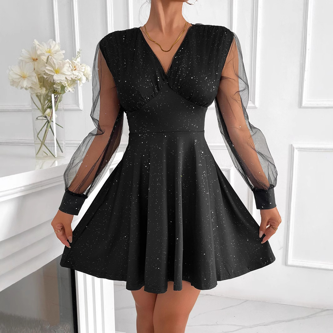 Dress female sexy slim fit mesh long sleeved sequined short skirt