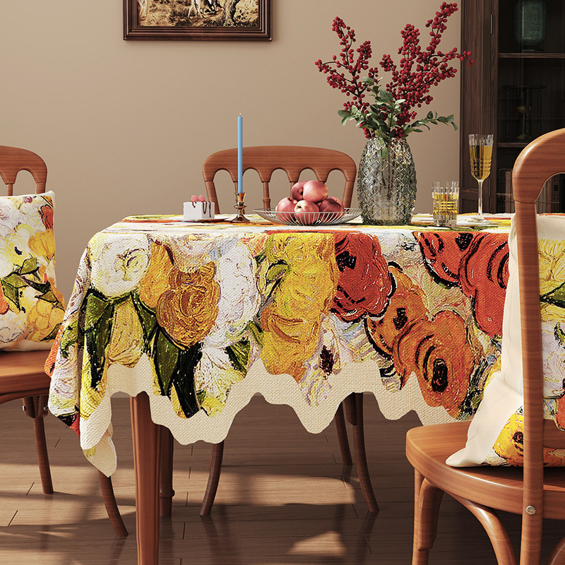 A650 American retro romantic oil painting style tablecloth linen fabric waterproof coffee table cloth pastoral style high-grade jacquard cover cloth