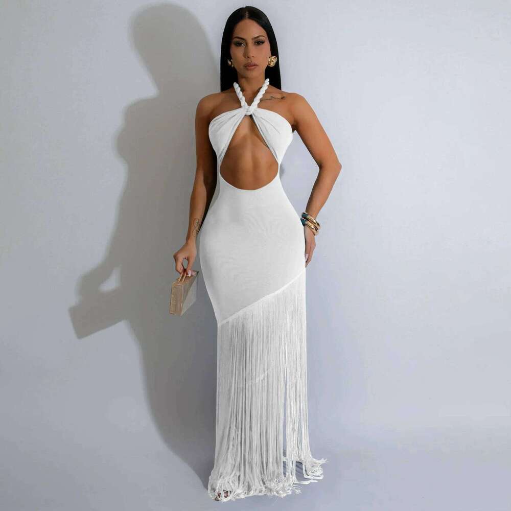 Women Halter Off Shoulder Tassel Sleeveless Long Dress Summer Street Beach Evening Sexy Night Party Dresses Vestidos