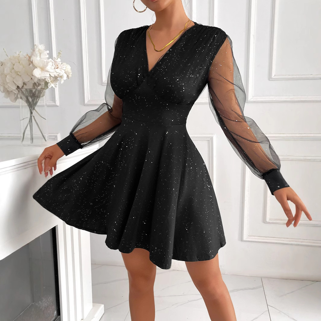 Dress female sexy slim fit mesh long sleeved sequined short skirt