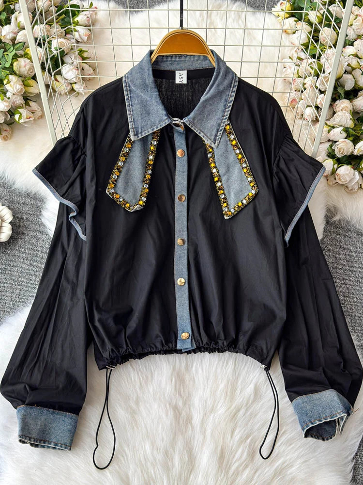 2025 Spring Blouse Lantern Sleeve Denim Patchwork Ruffles Draw String Shirts Fashion n All Match Elegant Women Clothing 250523