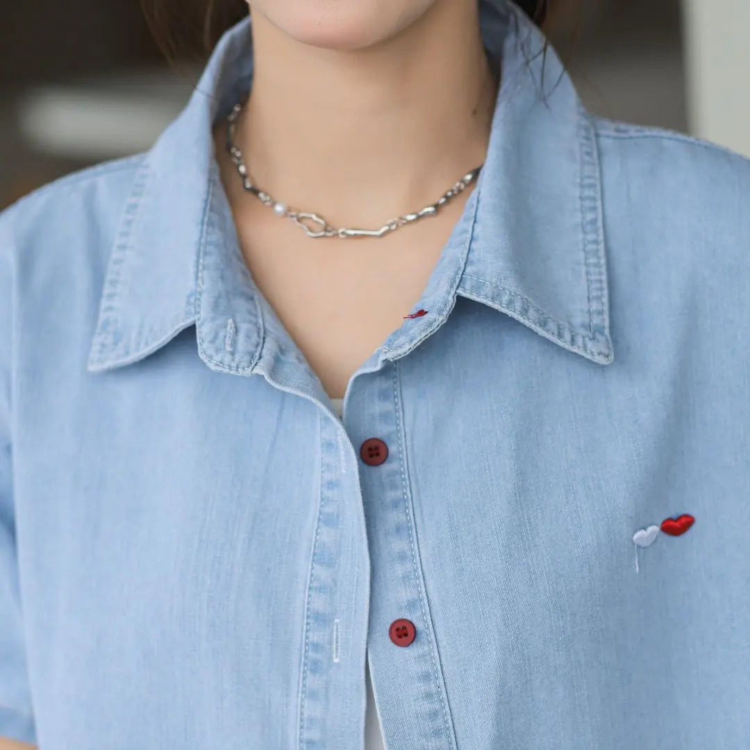 Light Blue Embroidered Love Women Jean Shirt Clothes Summer Loose Streetwear Short Sleeve Chic Denim Shirts Tops Lady 250523