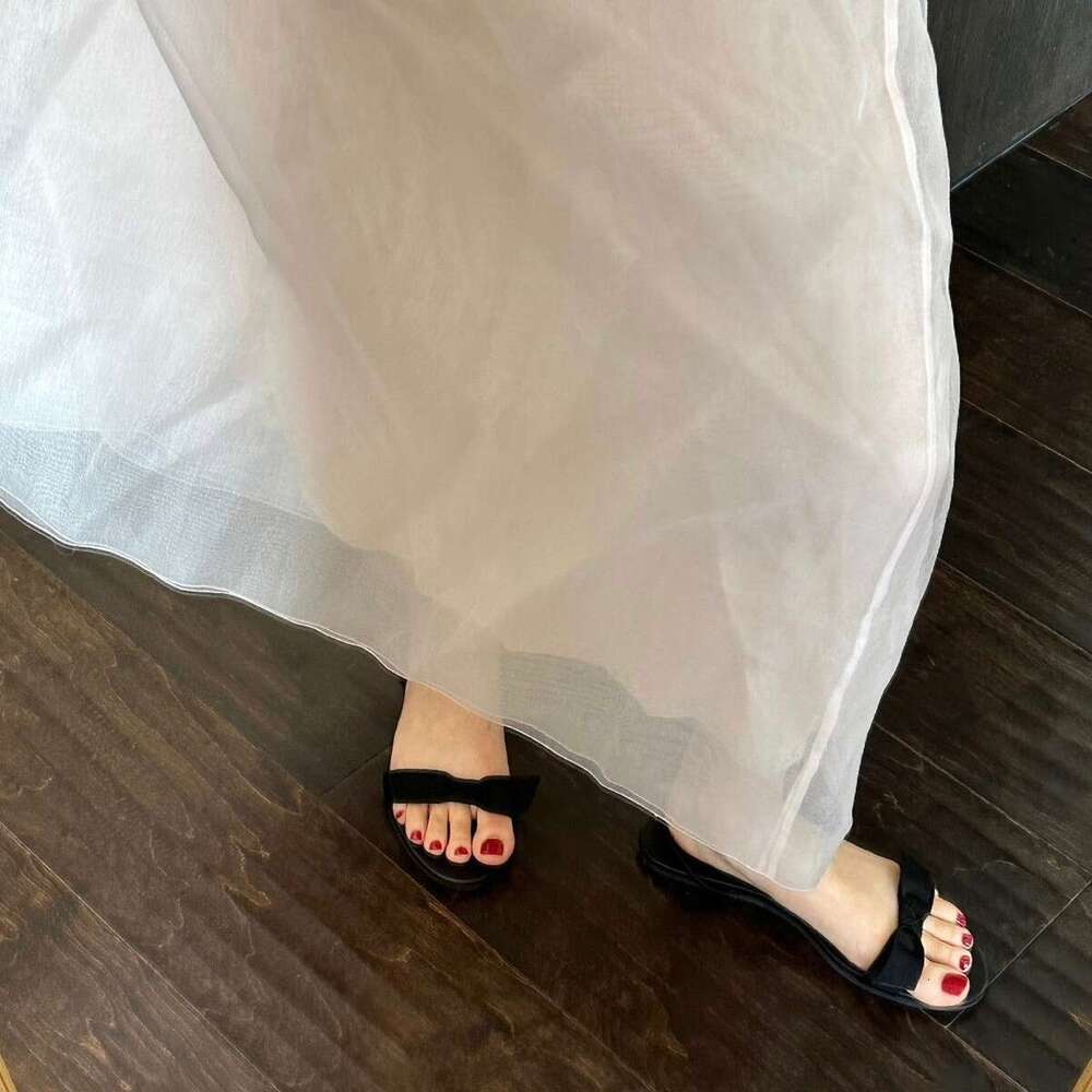 ~ji Simple Bowknot Genuine Leather Flat for Women Summer Outdoor French Style Open Toe Soft Sole Sandals