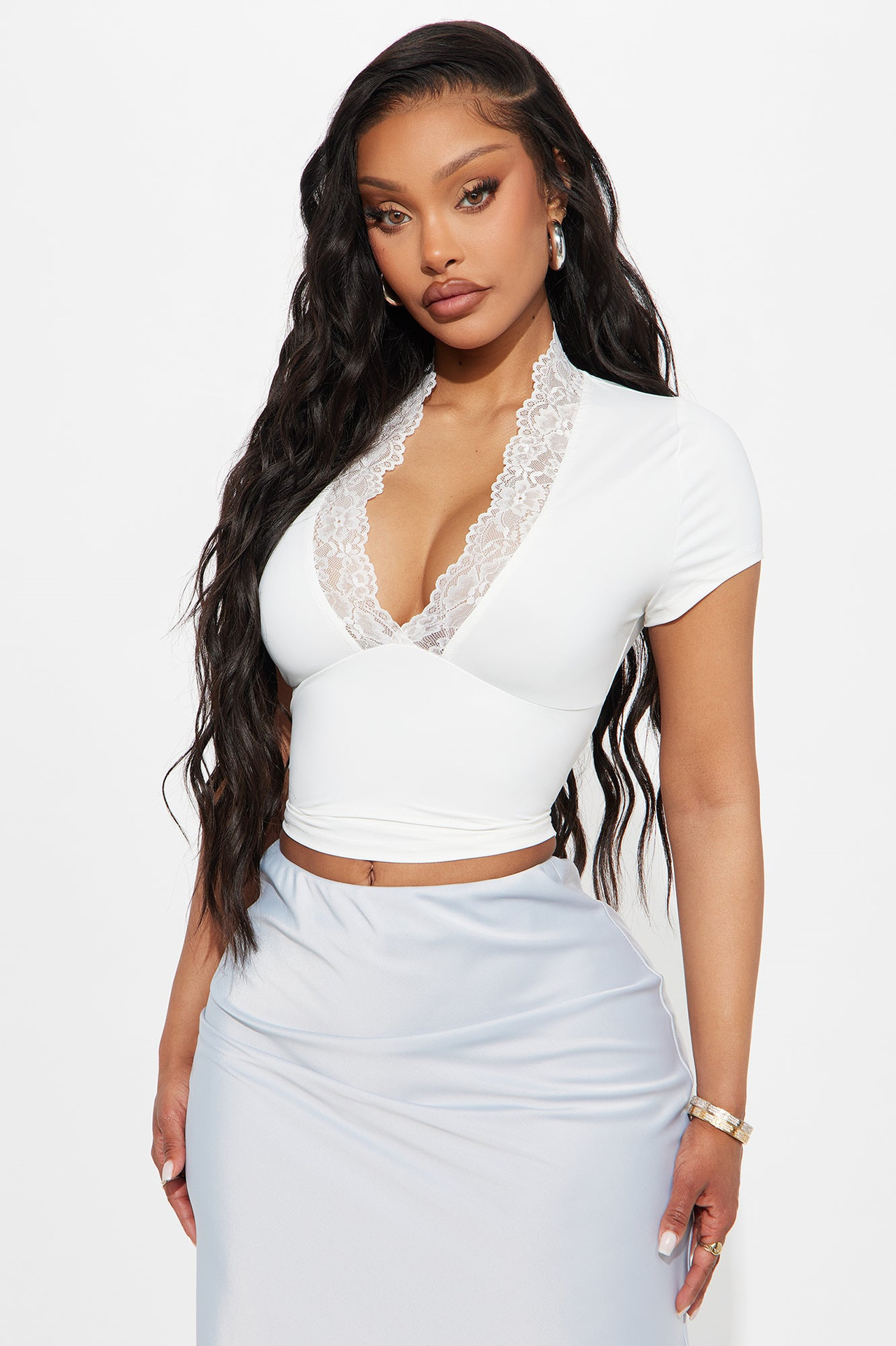 Pure desire spicy girl lace patchwork V-neck short sleeved T-shirt, mature and sexy temperament, waist cinching short top