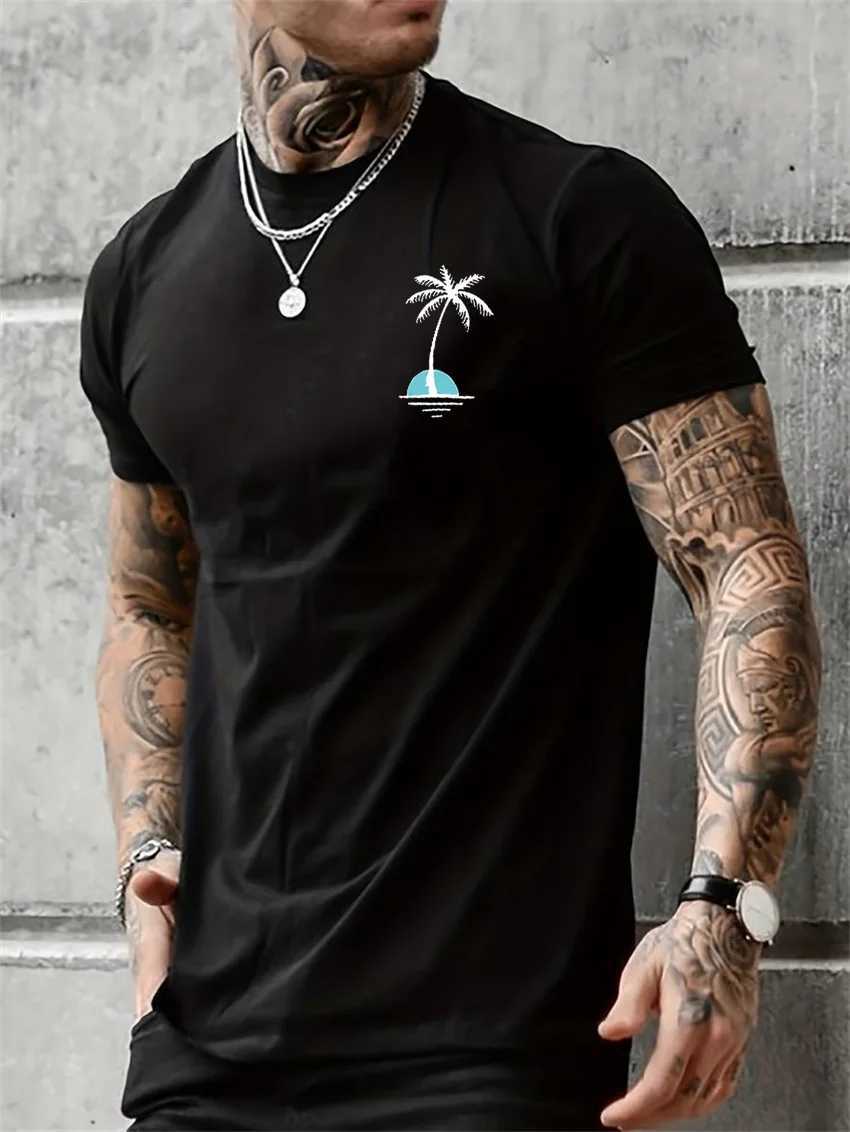 Mens Summer Casual Loose Size 100% Cotton Coconut trees Print Round Neck Short Sleeve T-shirt Top Z250527
