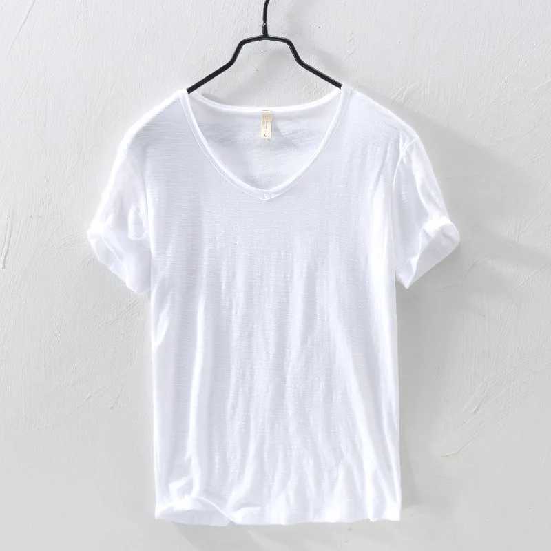 2025 New Mens T-Shirt Pure Color V Collar Short Sleeve Tops Tees Men T-Shirt Slim Men Bamboo Fiber T-Shirts Fitness Male Clothing Z250527
