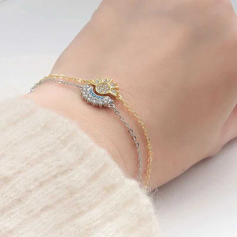 YILUOCD 2Pcs Sparkling Cubic Zirconia Sun and Moon Bracelet for Women Adjustable Couple Bracelets Set Party Wedding Jewelry Gift W250526