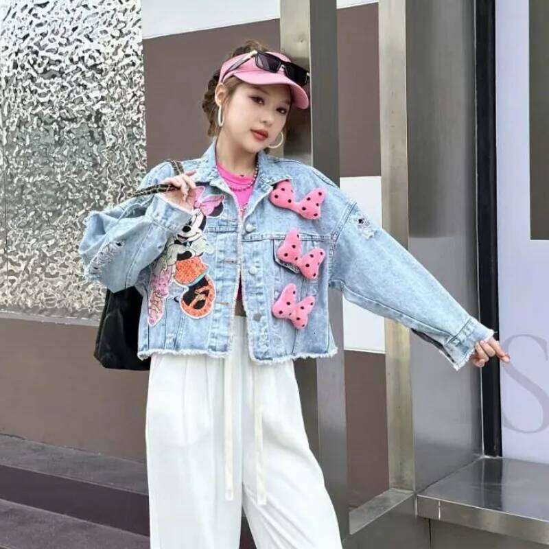 Sweet Bowknot Loose Short Denim Coat 2024 Spring Autumn Fashion Brand Heavy Industry Cartoon Beaded Sequins Jackets For Women
