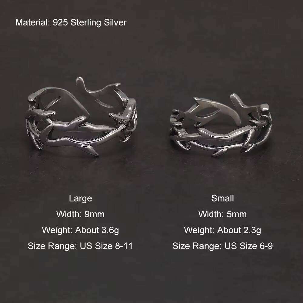 Sterling Sier Gothic Thorn Couple Rings for Women Men Punk Retro Cool Spiky Finger Ring Adjustable Hip-hop Y2k Jewelry