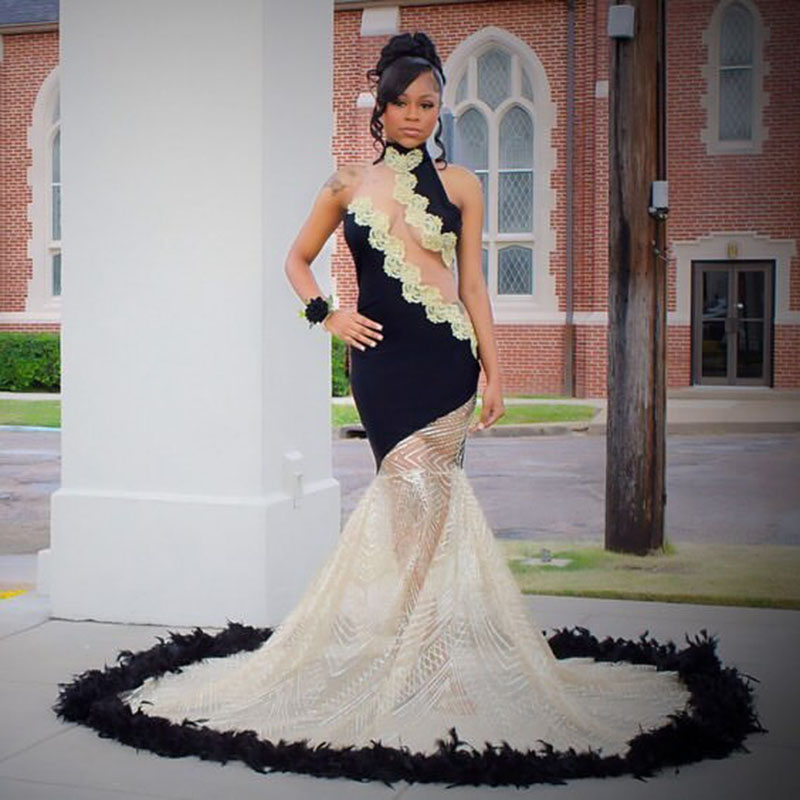 Black Prom Dresses Sparkly For Black Girl 2025 Luxury Crystal Mermaid Party Gowns Backless Feathers Evening Dress Customized