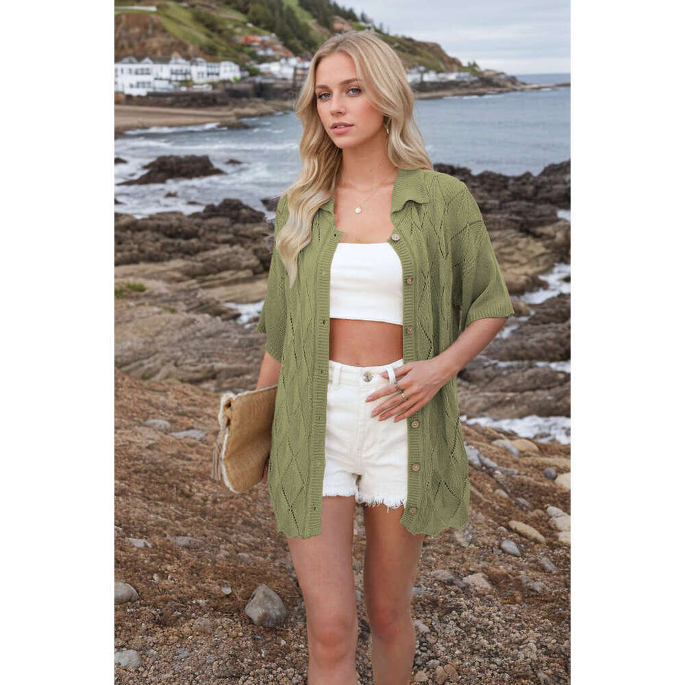 2025 Spring/Summer New Women's Fashion Turn-down Collar Loose Casual Cardigan Short Sleeve Knit Sweater