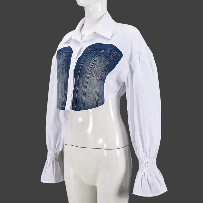 DEAT Trendy Womens Denim Patchwork Flare Sleeve Shirts Contrast Color Short Blouse Female Trend 2025 Spring Items 33A2187 250523