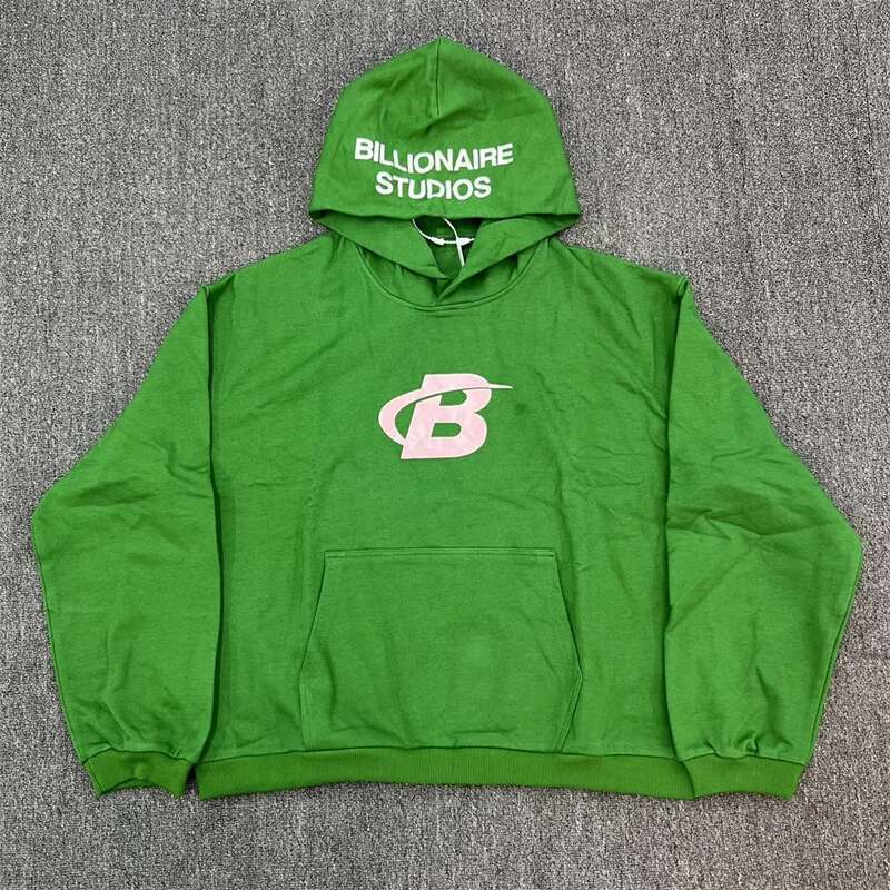 Green Pure Cotton Letter B Printed Fashionable Sportswear Loose Casual Men's Hooded Sweatshirt