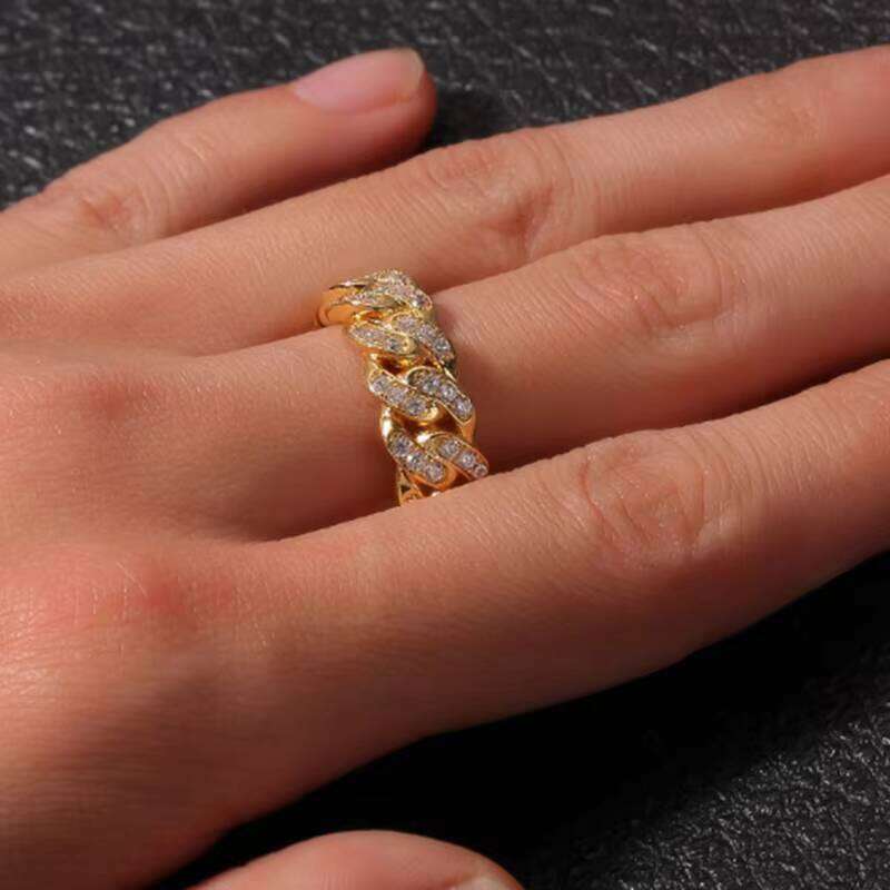 Cuban Link 8mm Full Woman Men Ring Bling Iced Out Cubic Zircon Hip Hop Punk Charm Jewelry for Gift