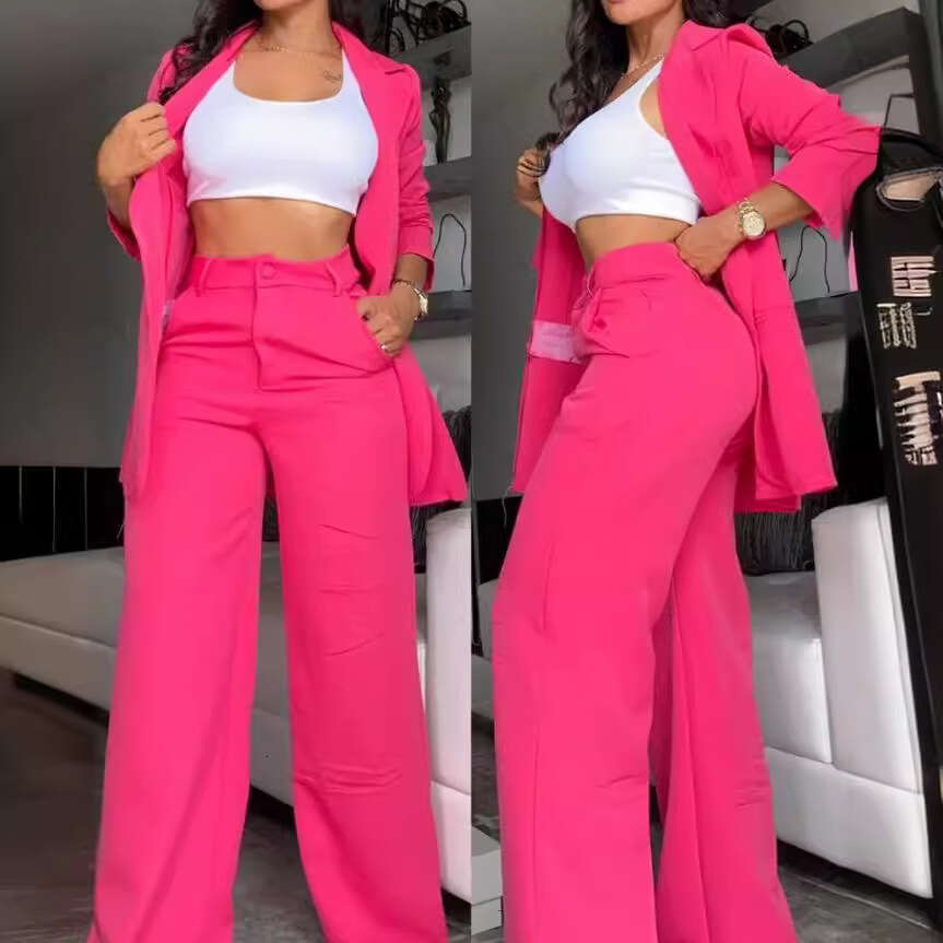 2025 Summer Women's Elegant Solid Color Split Sleeve Lapel Blazer and Straight Pants Set