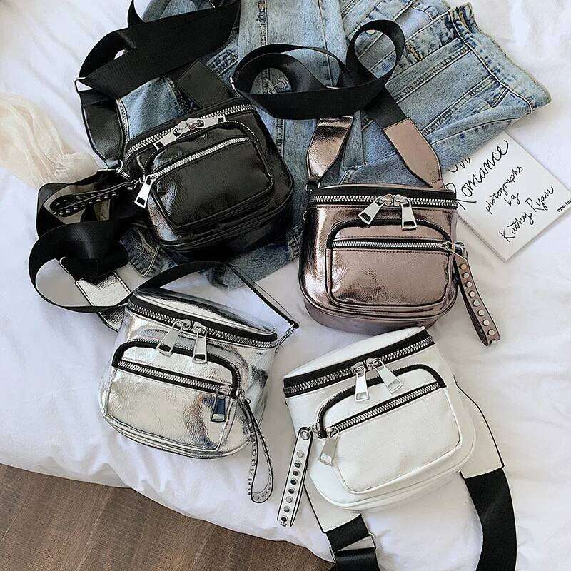 NIGEDU Glossy Wide strap Women shoulder bag designer rivet crossbody bags for female Handbags sier bolsas feminina black