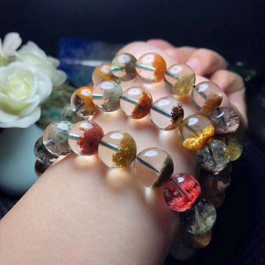 High Quality Natural Colorful Crystal Beads Bangle Green Flower Phantom Ghost Garden Quartz Bangles Jewelry
