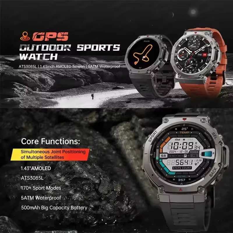 T-Rex 3 Built-in Dual-band GPS Smart Watch Men Smartwatch Compass Altimeter Barometric 5ATM IP69K Waterproof AMOLED HD WatchesXJ250513