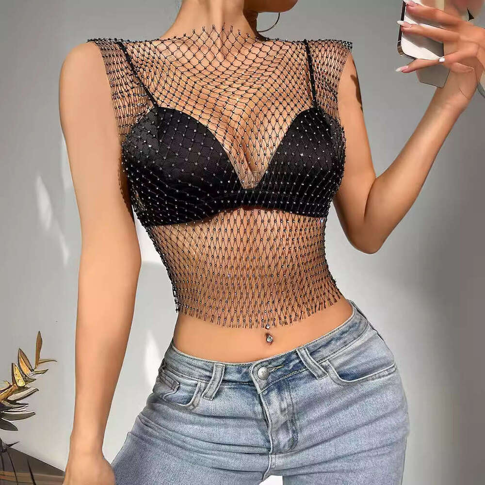 Sexy Nightclub Women's Fishnet Hollow Out Vest Mesh Sparkling Rhinestone Camisole Top for Women
