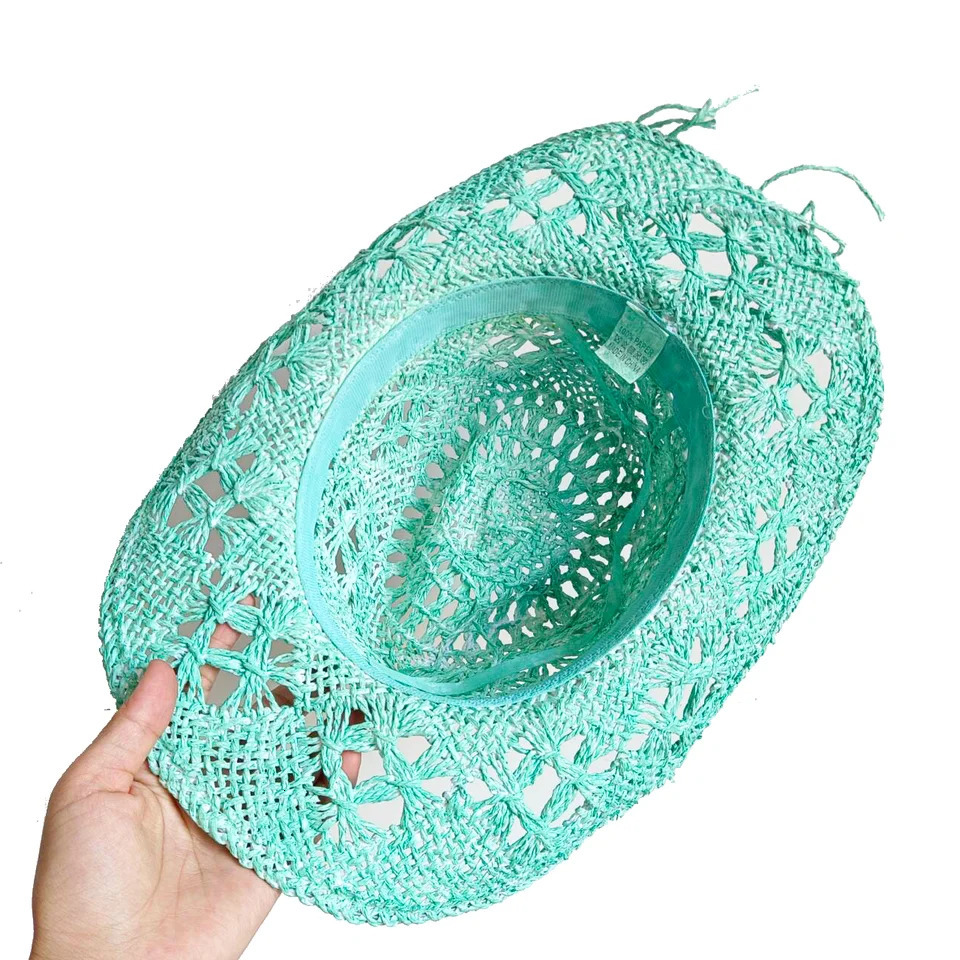 Hand-painted straw cowboy hat color mint green hollow malan flower men and women summer sun hat western cowboy hat sombrero 250526
