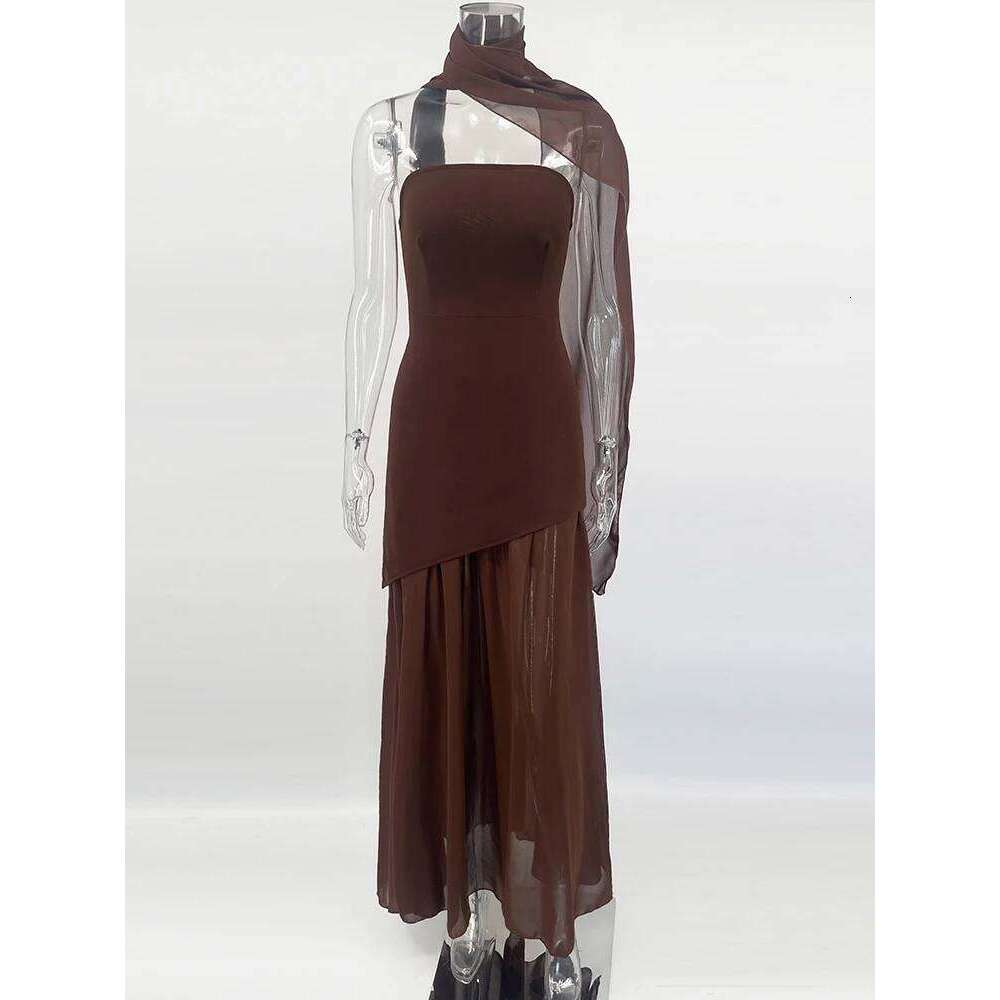 Hot Tight Dresses TARUXY Fashion Strapless With Ribbon Female Elegant Sleeveless Mesh Beach Vacation Long Spring New Women Dress Casual Knee Length Dr