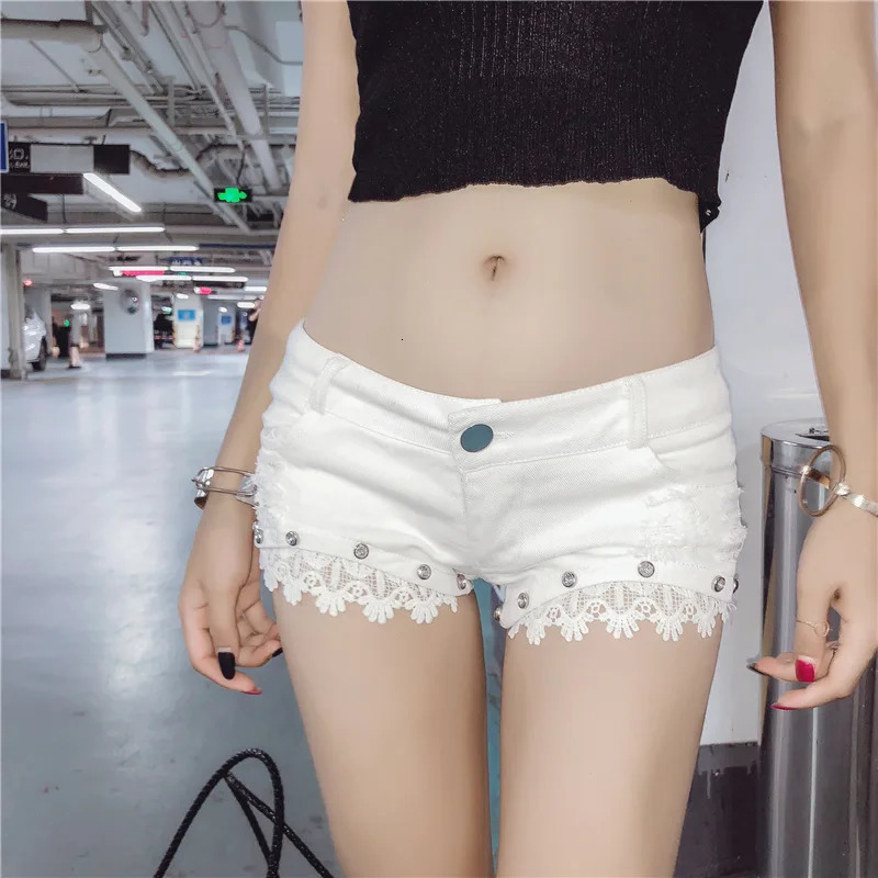 Sexy Y2k Jean Denim Shorts Women Bright Diamond Lace Ultra-low Rise Pants Nightclub s Ripped Shorts 250520
