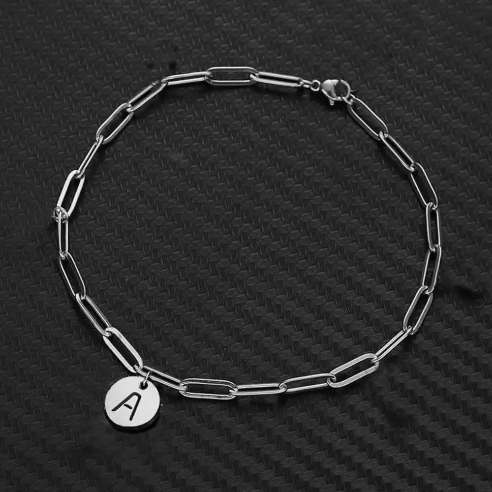 MinaMaMa Stainless Steel Square Chain Initial Letter Charm Bracelet For Women Men Coin 26 Alphabet Bracelet W250526