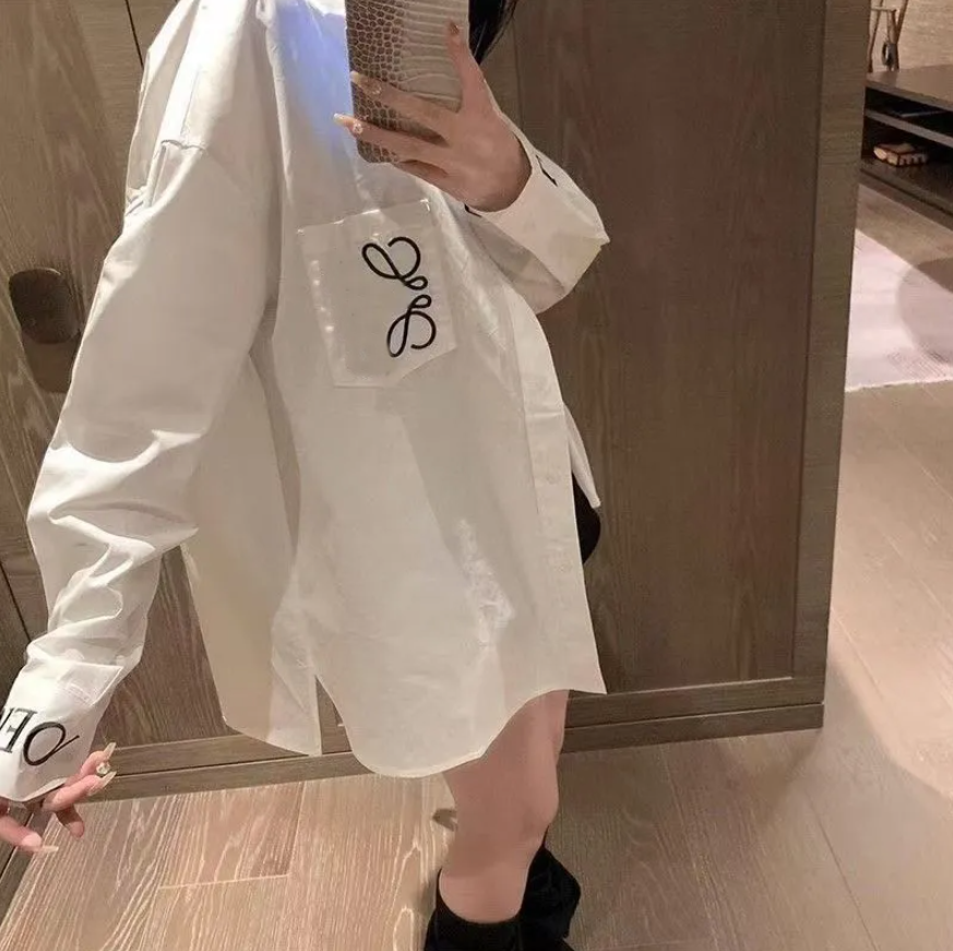 Designer Womens Shirts loose Blouses Long Shirts Silk satin Embroidery Designer Summer New T-Shirt Long Sleeve Tops Pocket Letter Embroidery Tops