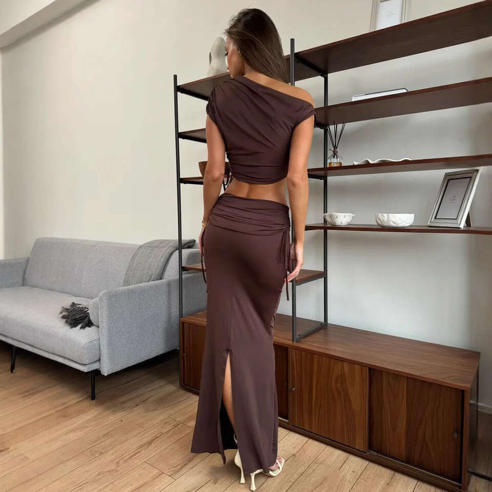 2025 Summer New Women's Fashion Elegant Solid Color Asymmetric Neck Crop Top with Split Skirt Two-Piece Set