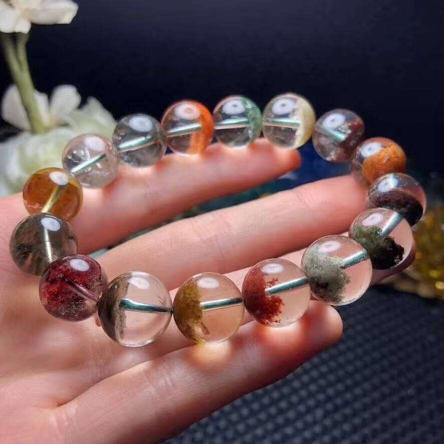 High Quality Natural Colorful Crystal Beads Bangle Green Flower Phantom Ghost Garden Quartz Bangles Jewelry