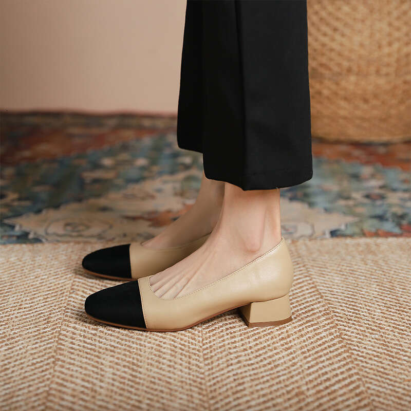 2025 New Style Small Chanel Square Toe Shallow Mouth High Casual Color Block Chunky Heel Single Shoes