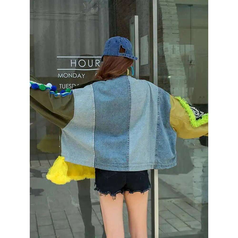 IEQJ Street Style Embroidery Lace Spliced Contrast Color Irregular Jackets For Women 2023 Spring Long Sleeve Loose Coat Cp1128