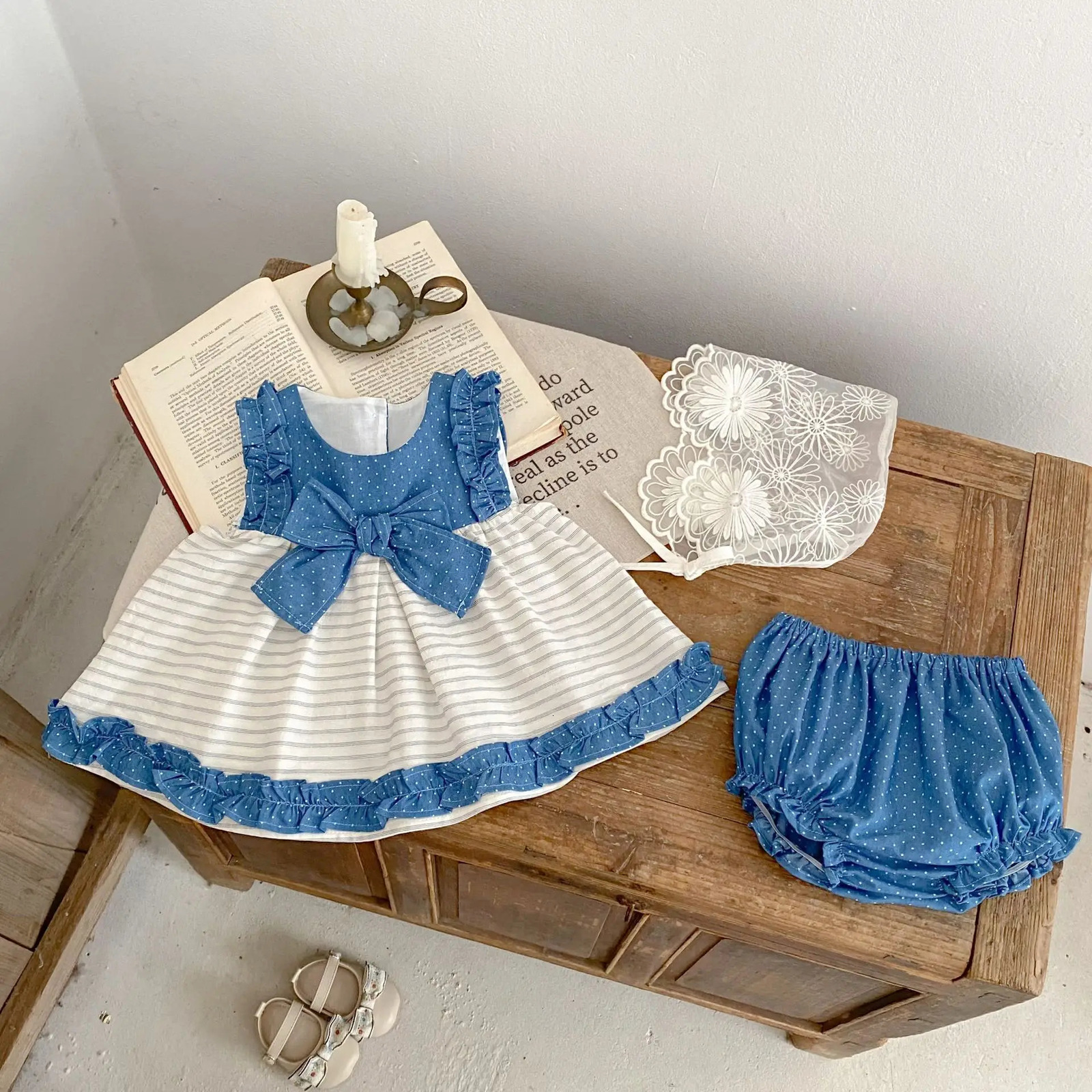 Summer baby clothes for 03 years old fashionable girl suit polka dot stitching top triangular shorts 250527
