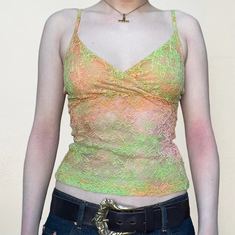 CIBBAR y2k Lace Tie Dye Camis Chic Slim-fitting Cropped Top for Women Vintage 90s Mini Vest Summer Holiday Sexy Transparent Tees 250523