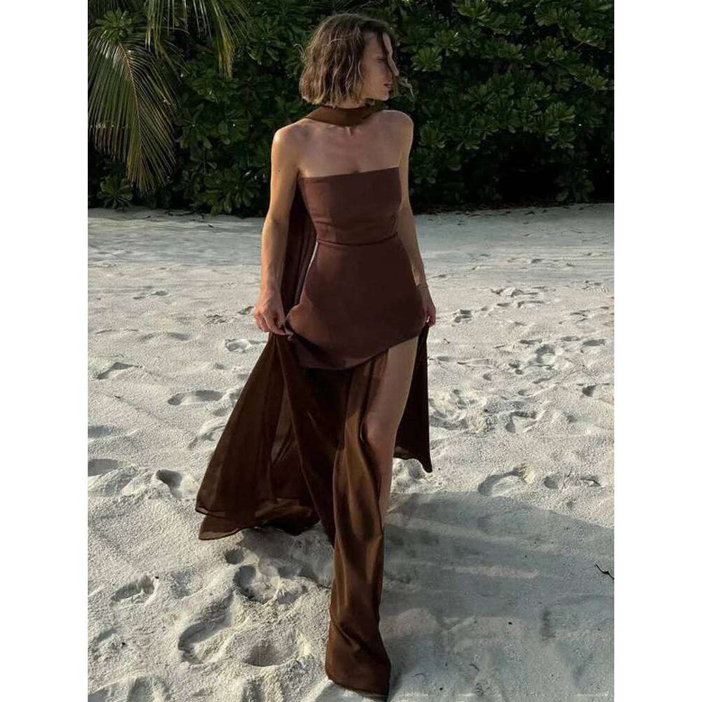 Hot Tight Dresses TARUXY Fashion Strapless With Ribbon Female Elegant Sleeveless Mesh Beach Vacation Long Spring New Women Dress Casual Knee Length Dr