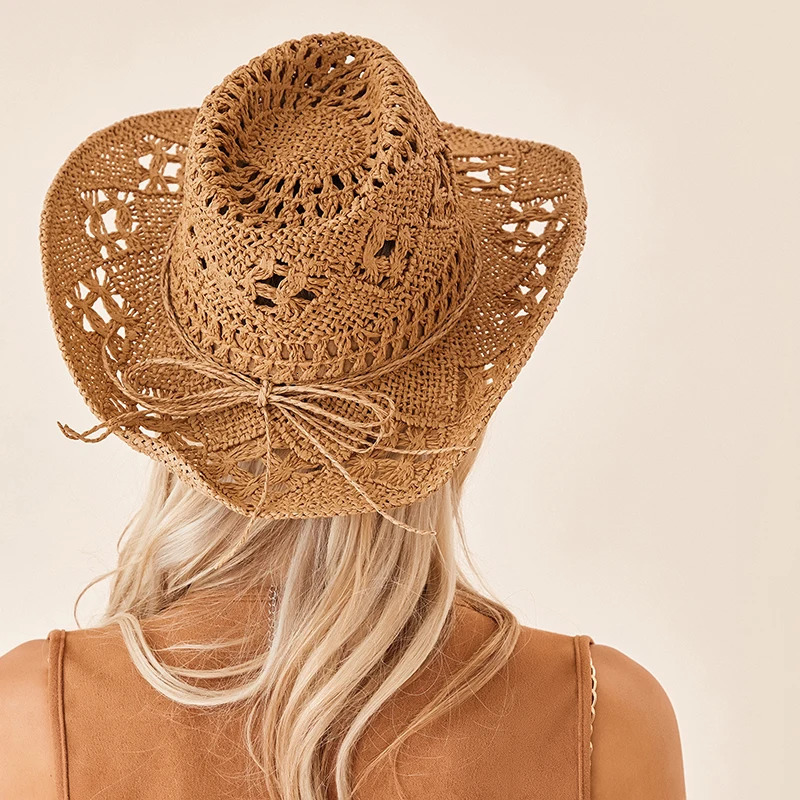 Men Women Western Cowboy Hats Summer Outdoor Hand-Woven Straw Hollowed Wide-brimmed Hat Breathable Beach Jazz Cap Sunhat 250526