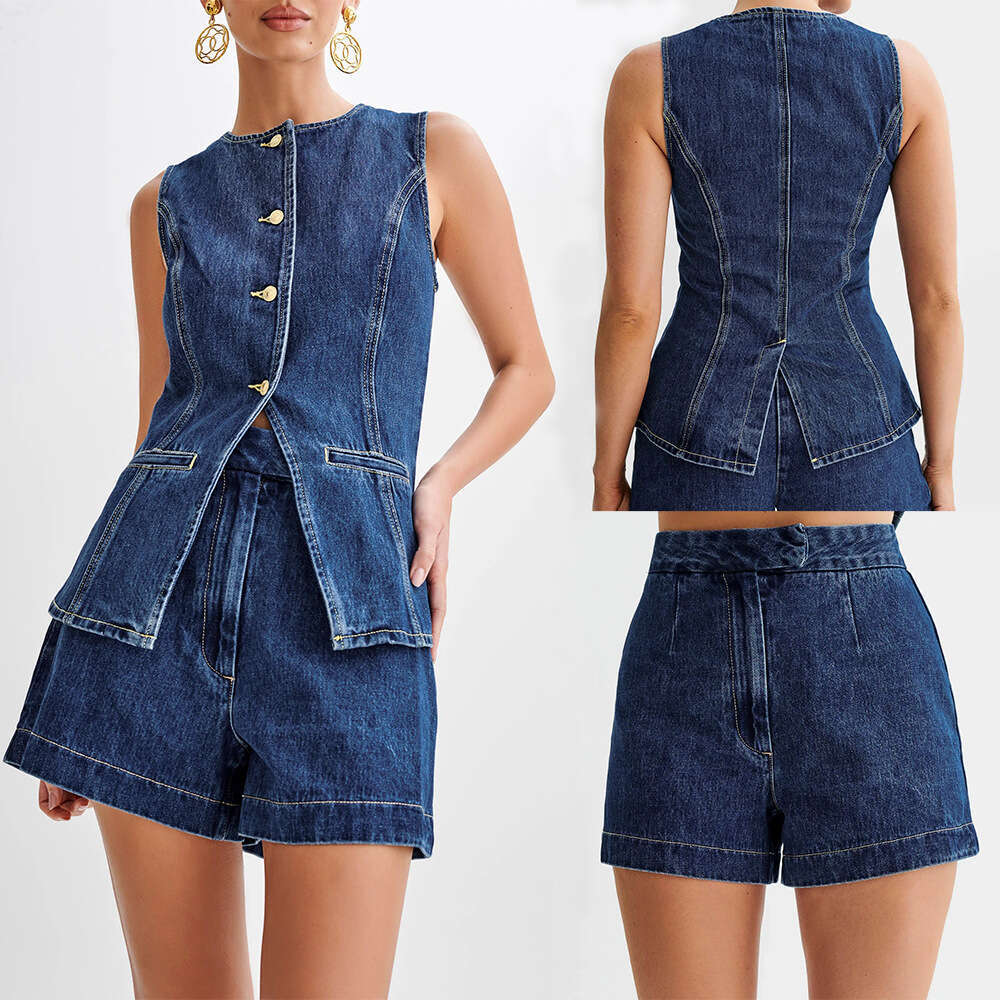 2025 Summer Fashion Casual Sleeveless High-Waisted Women's Set with Denim Shorts