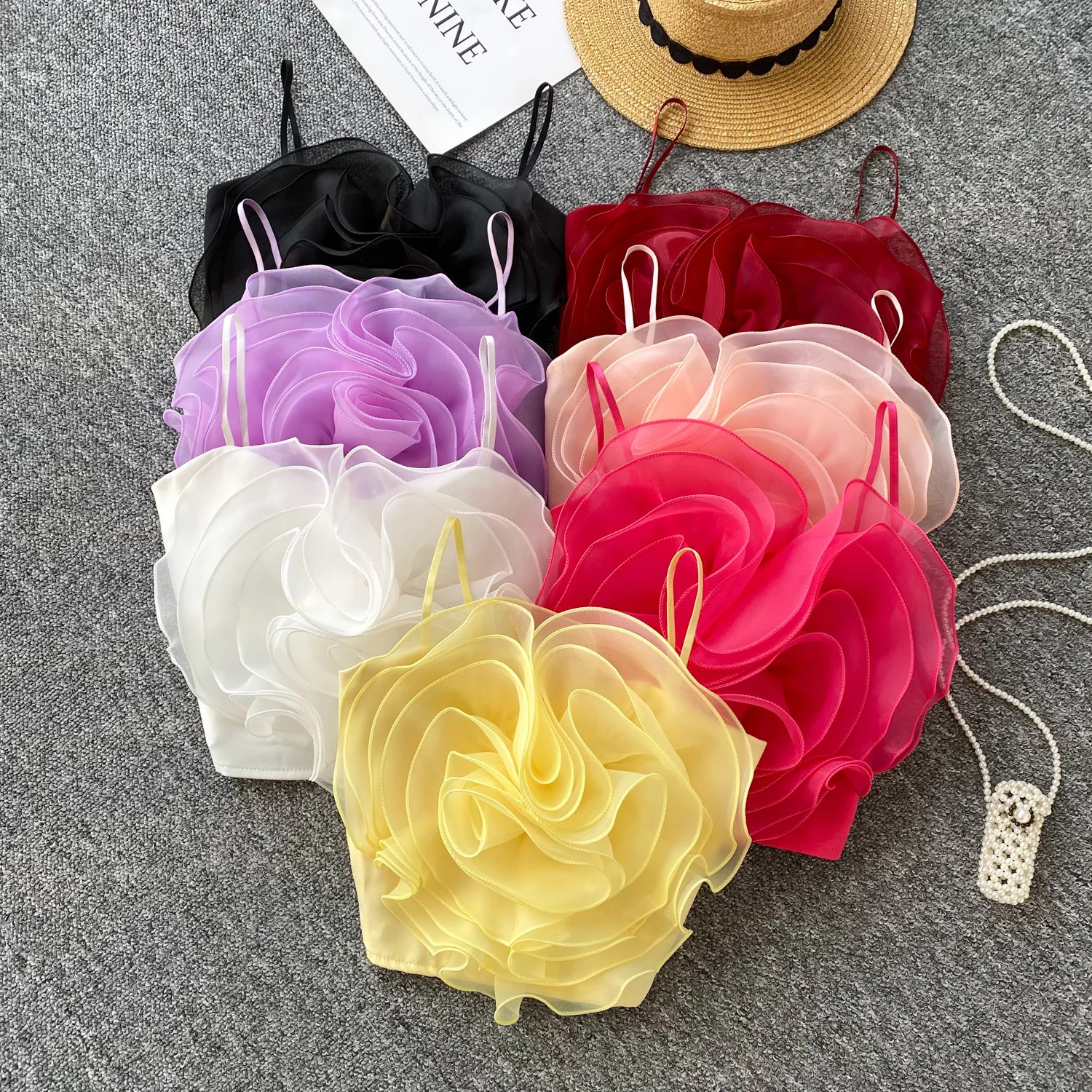 Summer Spaghetti Strap Mesh 3D Flowers Tank Top for Women Strapless Lace Skinny Camisoles Stretchy Back Camis Clothing 250523