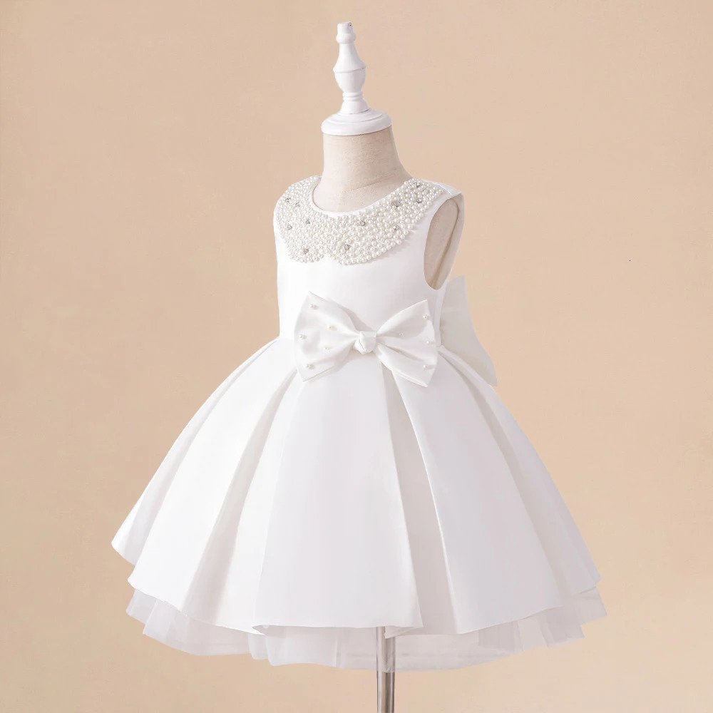 Toddler White Wedding Satin Princess Baby Girl Dress Big Bow 1 Year Birthday Baptism Party for Bridemaid Kids Clothin 250527