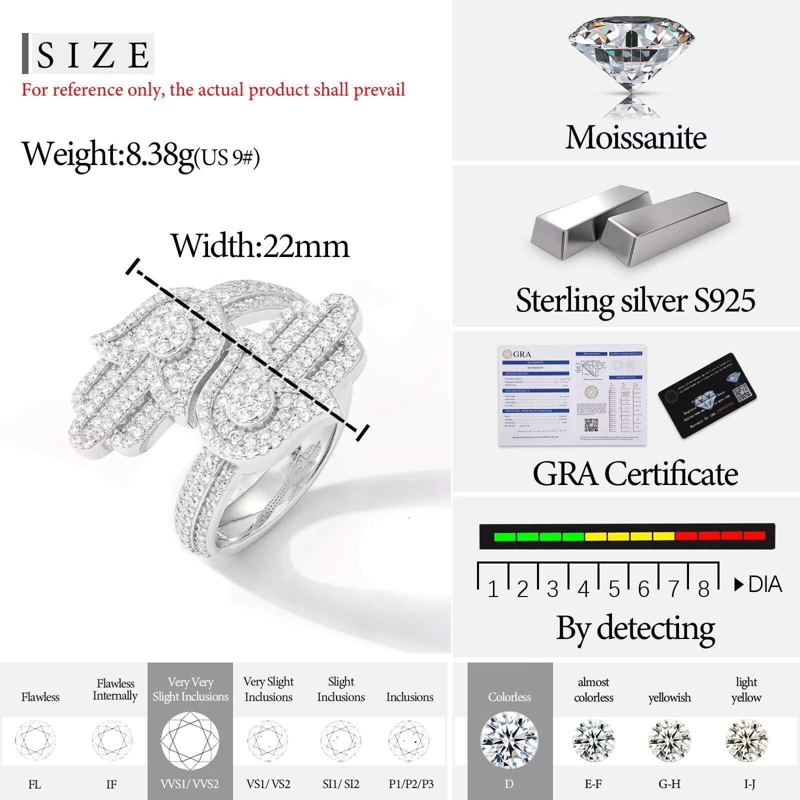 Fashion Mens Jewelry Gift Hip Hop 925 Sterling Silver VVS Mossanite Diamond Iced Out Hamsa Hand Ring With Certificate