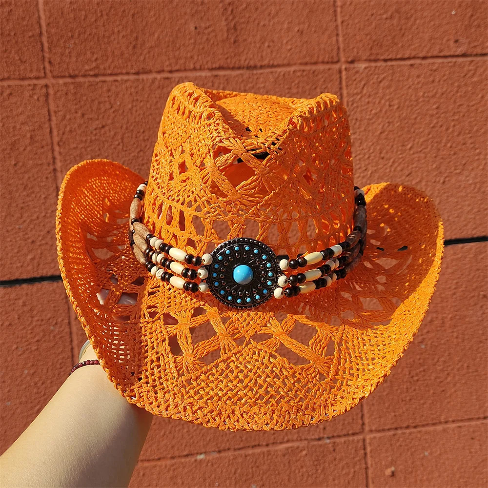 Western Cowboy Straw Hat for Men and Women Hollowing Out Summer Sun Beach Hat Protection Outdoor Fishing Climbing Retro Cap 250526